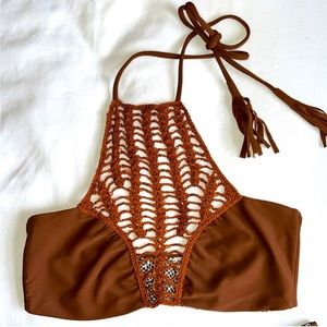 Acacia Swimwear Panama Bikini Top in Cocoa Crochet Knit Halter Swim Top Medium